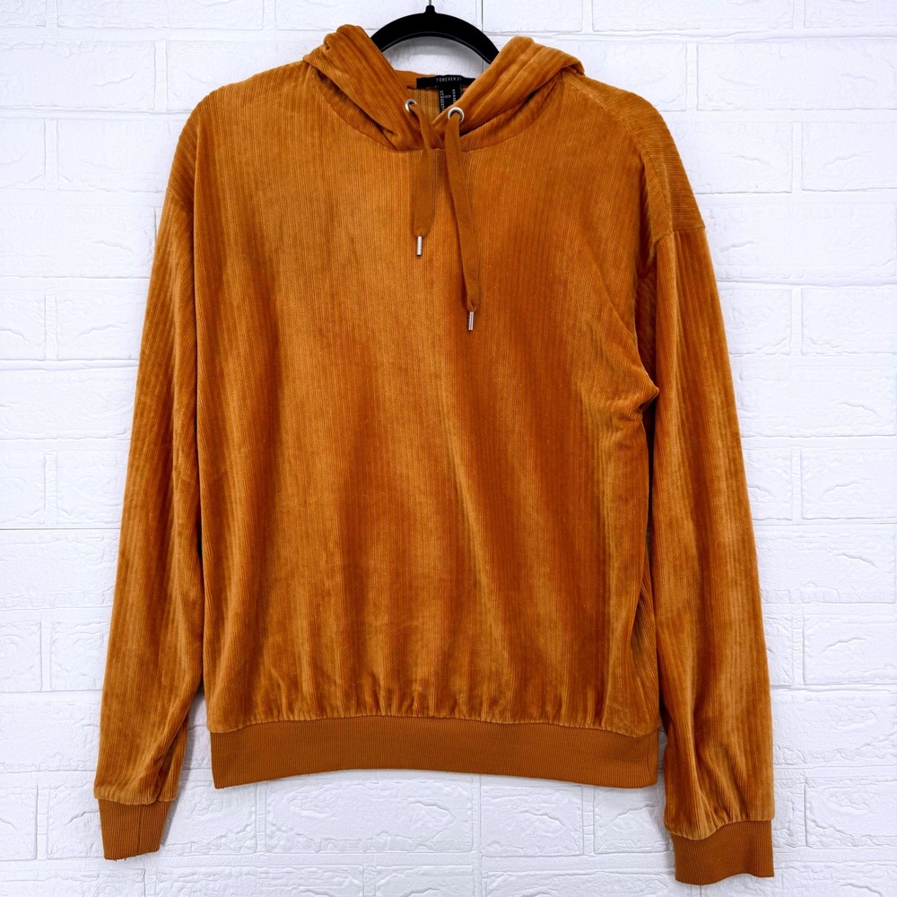 Forever 21 Hoodie Women Size M Orange Corduroy Ribbed Velour Pullover
